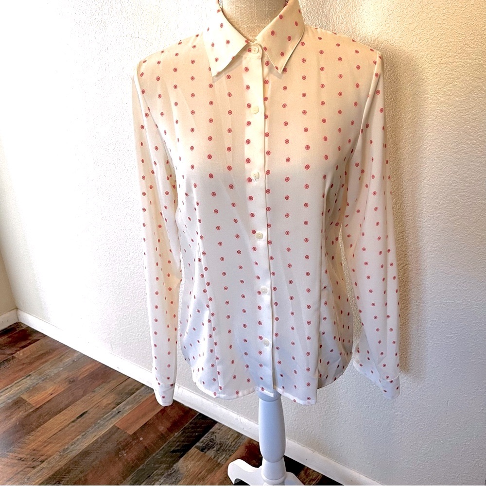 Covington Retro Off White with Red Polka Dot Button-Up Blouse-Size Small